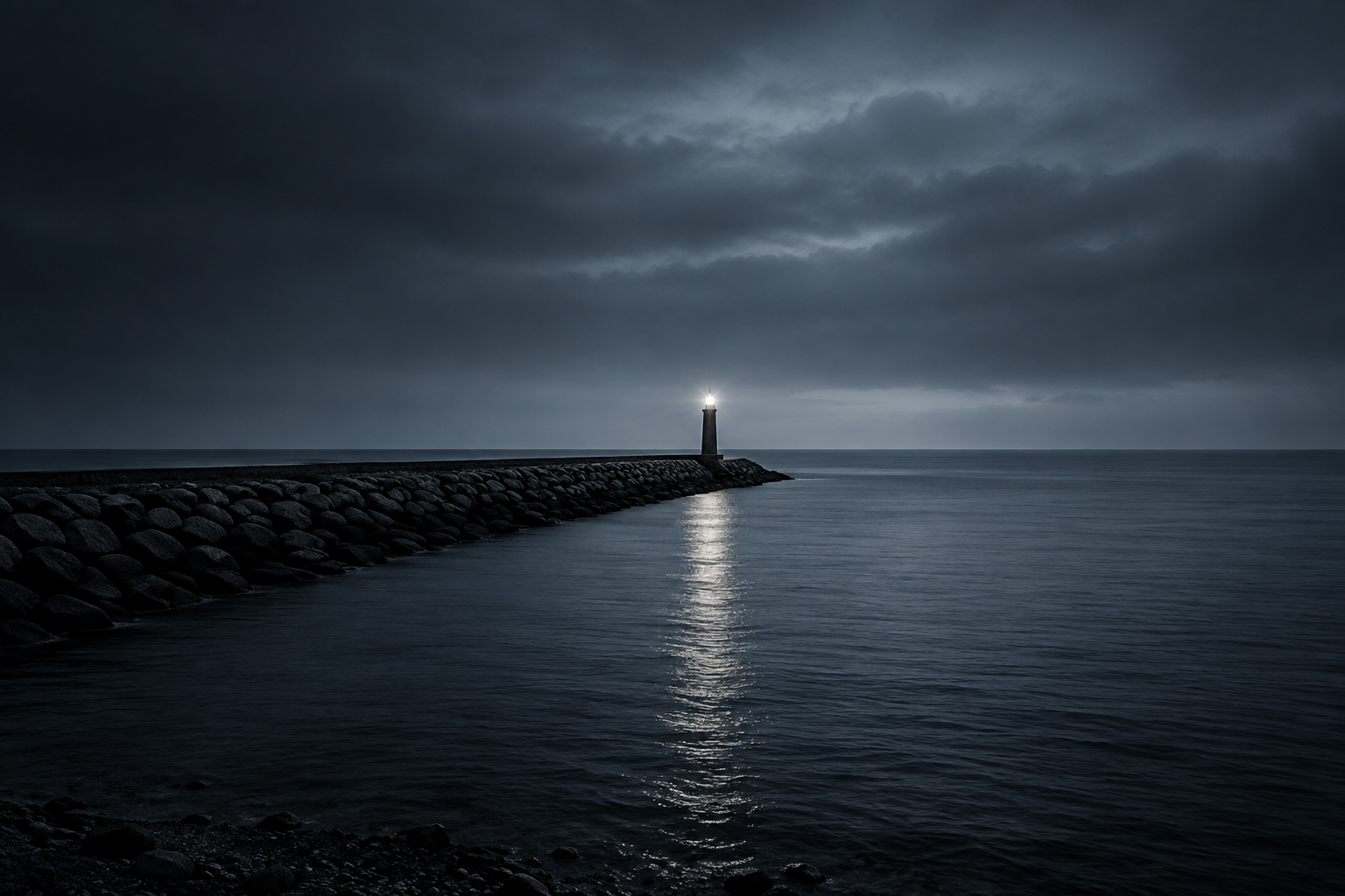 A lighthouse and reflected light across dark water